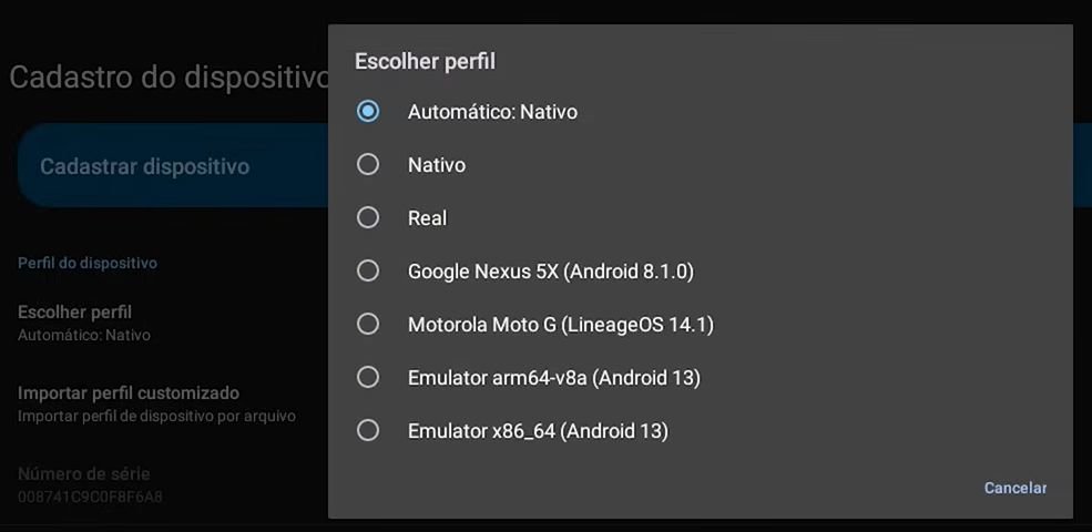 É o penúltimo item da lista de perfis: Emulator arm64-v8a (Android 13).