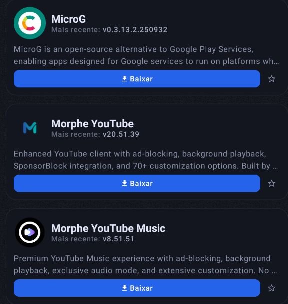 De volta ao ReVanced Manager Plus, agora para baixar o Morphe YouTube e o Morphe YouTube Music.