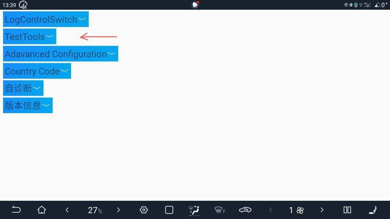 O menu de serviço da DiLink — TestTools é a segunda opção da lista.